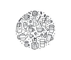 Coffee doodle set round badge. illustration vector