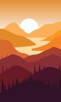 poster sun has set with autumn mountain landscape accompanied by trees and rivers vector