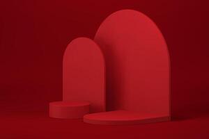 Red modern 3d podium curved pedestal with semicircle wall background realistic vector