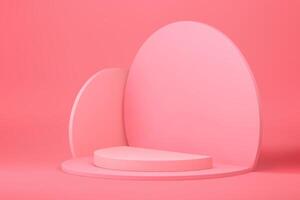 Pink 3d podium with circle wall background for feminine product presentation realistic vector