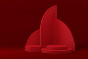 3d minimalist red podium pedestal with geometric wall background for product show realistic vector