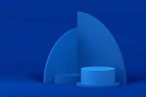 Blue podium circle showcase pedestal with geometric wall background 3d realistic vector