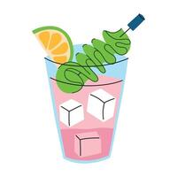 illustration of cucumber lemonade with watermelon, lime, and garnish on a skewer. Refreshing summer drink for hot days. Flat, cartoon style beverage icon, trendy cocktail or mocktail menu vector