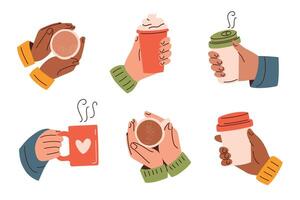 Coffee hands collection, illustration in flat cartoon style. Hands holding coffee cups, cozy mugs, to-go cups, warm drinks. Takeaway beverages in autumn, fall and winter themes vector