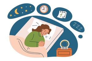 Sleep schedule illustration, bedtime routine concept. Woman sleeping in bed with alarm clock, cozy bedroom scene. Daily routine, sleep hygiene, and wellness concept. Moon and stars on night sky vector