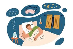 Man sleeping in bedroom with blackout curtains, humidifier, comfortable temperature, sleep hygiene concept. Sleep environment illustration, flat cartoon style. Comfortable bedroom space vector