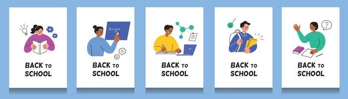 Back to school cards set with students and teachers. Flat cartoon style studying templates. Illustrations for education, learning. Classroom compositions with fun and playful characters vector