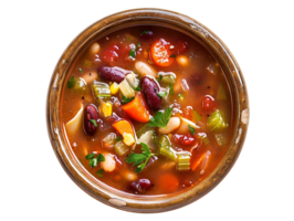 Top View of a Bowl of Vegetable Soup with Red Beans, Corn, Carrots, Celery, and Parsley - Realistic Image png