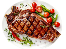 Grilled Steak with Cherry Tomatoes, Green Beans, and Thyme on White Plate - Realistic Image png