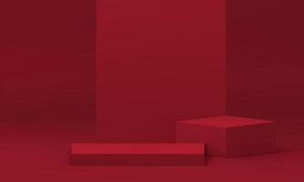 3d red podium squared platform with wall backdrop for product promo presentation realistic vector