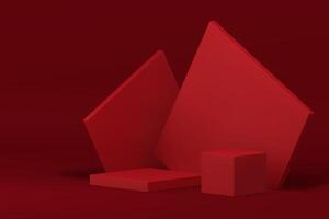 Red 3d geometric podium squared pedestal with angular shape wall background realistic vector