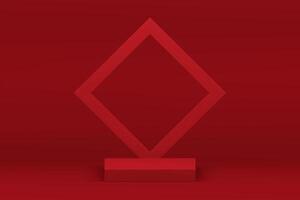Red fashion 3d podium geometric pedestal squared stand with rhombus frame wall background vector