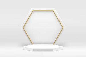 White 3d podium hexagonal luxury pedestal mock up for cosmetic product show presentation vector