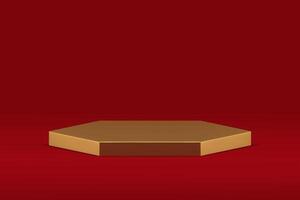 Golden 3d podium hexagonal pedestal for luxury product presentation realistic vector