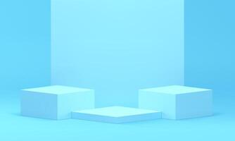 Blue 3d podium squared three platform with light pastel wall backdrop realistic vector