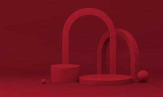 Red 3d podium with abstract geometric arch sphere wall background realistic illustration vector