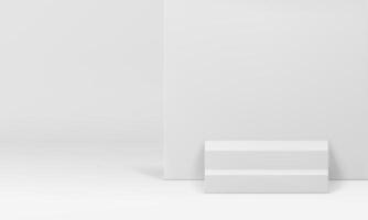 White podium 3d staircase with wall backdrop mock up for cosmetic product show presentation vector