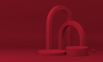 3d cylinder podium with red arch minimalist aesthetic studio background realistic vector