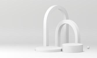 White 3d cylinder podium with abstract curved arch backdrop mock up for cosmetic product show vector