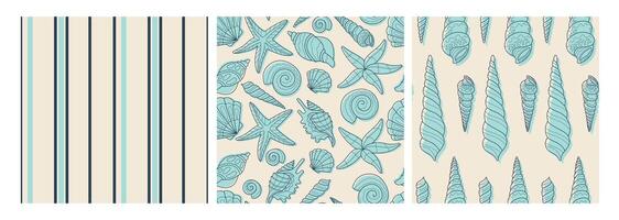 Set with marine seamless patterns. Summer time, sea, underwater, seashels. Hand-drawn illustration for wrapping paper, wallpaper, notebook cover. vector