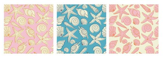 Set with marine seamless patterns. Summer time, sea, underwater, seashels. Hand-drawn illustration for wrapping paper, wallpaper, notebook cover. vector