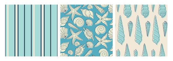 Set with marine seamless patterns. Summer time, sea, underwater, seashels. Hand-drawn illustration for wrapping paper, wallpaper, notebook cover. vector
