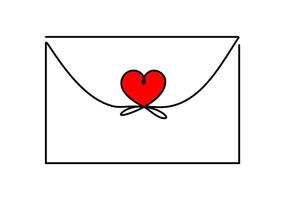 An envelope sealed with a red heart made from single continuous line. Love letter concept for design element. vector