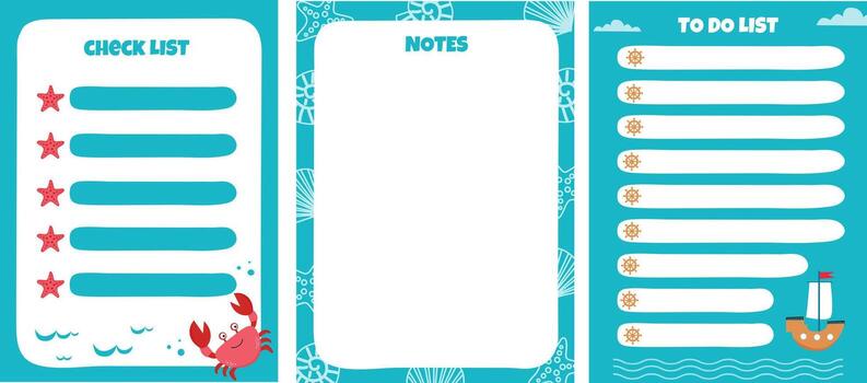 Check list with funny crab and underwater animals in cartoon style. Kids schedule design template. Check list for kids. vector