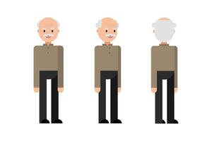 Grandfather character. Poses front, side, back. Flat design, isolated on white background. illustration vector
