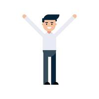 A man in white shirt is standing and raise hand. Flat design, isolated on white background. vector