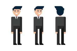 Male character. Poses front, side, back. A man in a business suit is standing. Flat design, isolated on white background. illustration vector