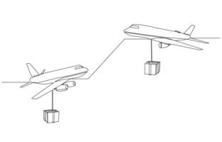 Continuous one line drawing of two planes flying with parcels in opposite directions, importing and exporting goods, air cargo concept, single line art. vector
