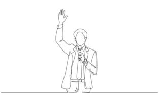 Continuous one line drawing of businessman speaking into microphone and raising hand, business seminar mc concept, single line art. vector