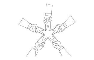 Continuous one line drawing of hands of businessmen forming five star shape, collaboration for work with quality concept, single line art. vector
