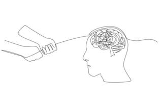 Continuous one line drawing of hands pulling messy line out of human brain, mental health treatment concept, single line art. vector