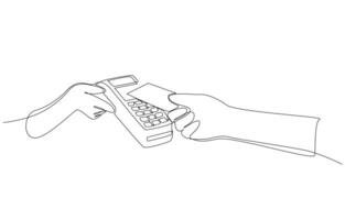 Continuous one line drawing of customer tapping contactless credit card with credit card machine, cashless payment concept, single line art. vector
