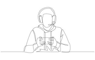 Continuous one line drawing of gamer with headphone competing Esport mobile game, professional gamer with Esport competition concept, single line art. vector
