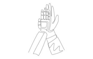 Continuous one line drawing of businessperson giving high five gesture with robot, collaboration between human and AI technology concept, single line art. vector