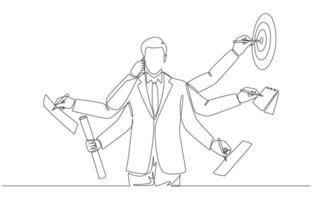 Continuous one line drawing of businessman with multiple hands doing multiple works at once, multitasking skill, work efficiency concept, single line art. vector