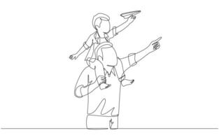 Continuous one line drawing of son riding father's neck playing paper airplane, happy father and son concept, single line art. vector