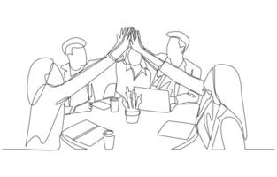 Continuous one line drawing of young office workers giving high five together, business teamwork concept, single line art. vector
