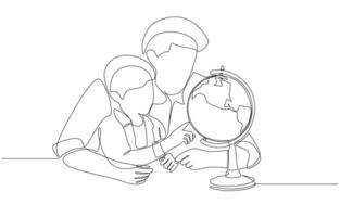 Continuous one line drawing of father and son exploring map on globe, raising and educating children concept, single line art. vector