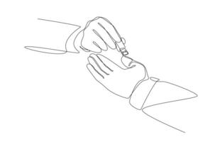 Continuous one line drawing of office worker sending flash drive to colleague, forwarding work and backing up work data on device concept, single line art. vector