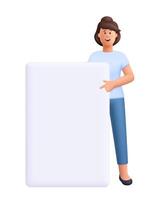 Young smiling woman holding and pointing at empty banner or blank paper sheet. 3d people character illustration. Cartoon minimal style. vector