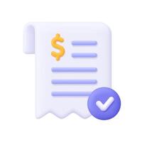 Receipt bill with check mark. Approved invoice bill. Finance, banking and payment transaction concept. 3d icon. Cartoon minimal style. vector