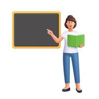 Young smiling woman standing in front of a blackboard and holding book, pointing showing on board. Education concept. 3d people character illustration. Cartoon minimal style. vector