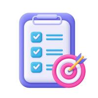 Clipboard with checklist and target. Business, assignment target, success goal, task management and time planning and concept. 3d icon. Cartoon minimal style. vector