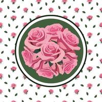 card with a round frame on a background of pink roses and green leaves. vector