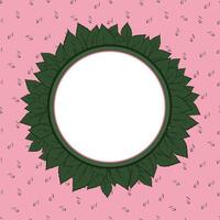 round frame with green leaves on a pink pattern background with an outline of small leaves vector