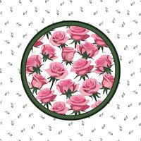 card with leaves and with a round frame on a background of pink roses vector